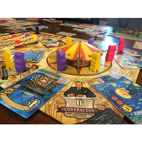 tenpenny parks game spread and components on a wooden table